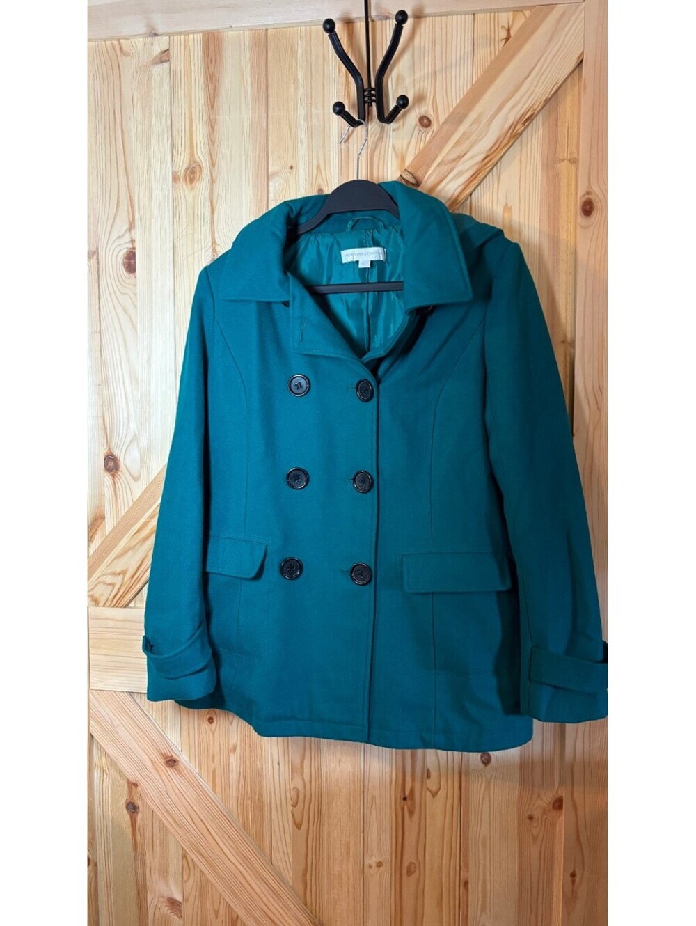 New York & Company Women's Teal Double-Breasted Wool Blend Coat with Hood Size M